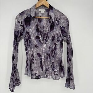 Y2K Worthington Blouse Women's‎ M Purple Floral Paisley Semi-Sheer Cottagecore
